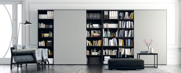 Large sliding door book shelving