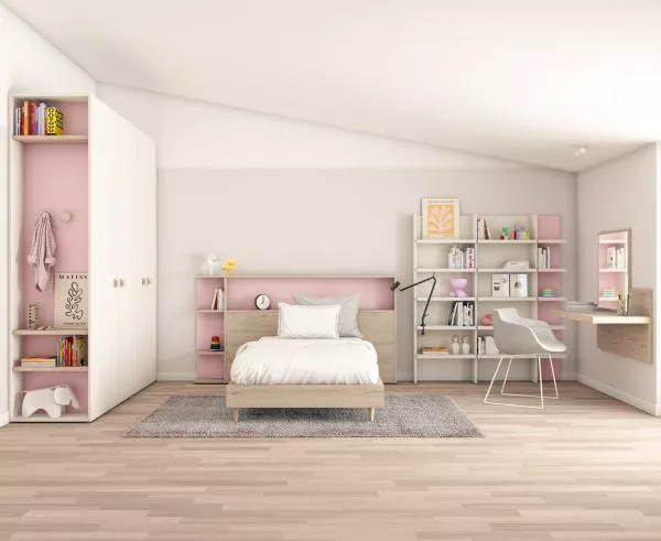 Dormitorio juvenil con estanterías ELE y arcón MULTIFUNCIÓN